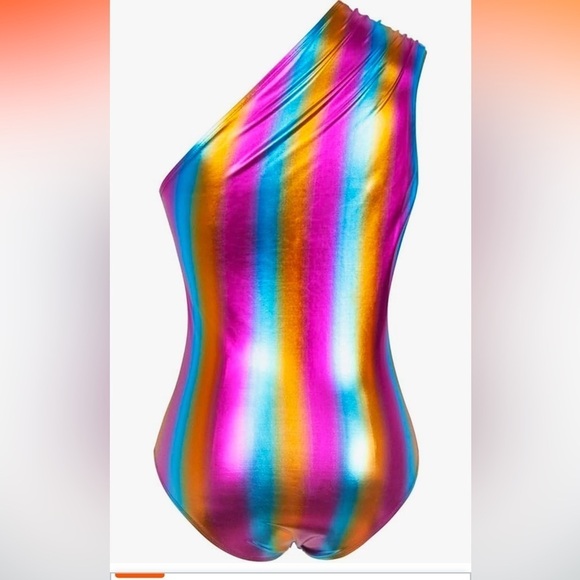 NWT Metallic Liquid Bodysuit High Leg Cut Ruched One Shoulder Leotard Top Rave - Picture 2 of 7